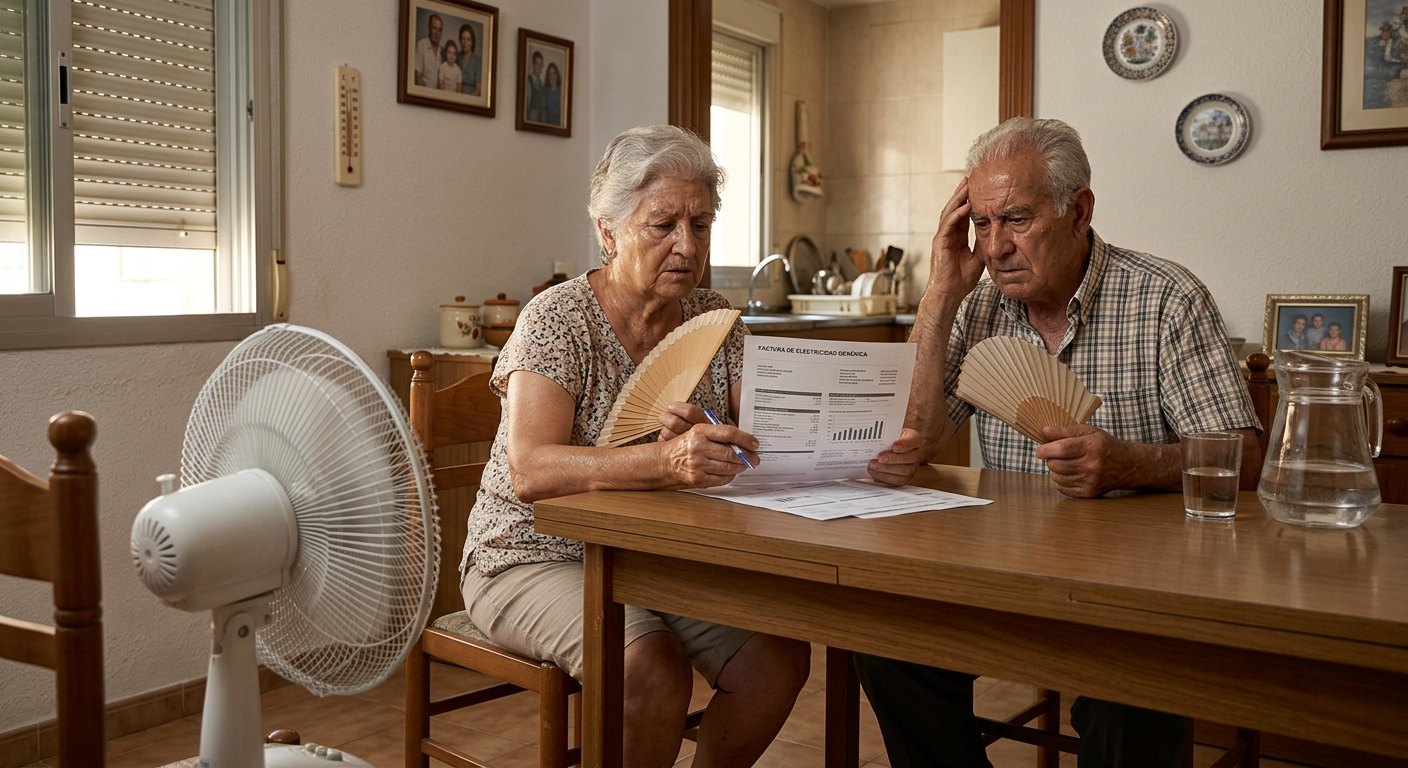 Pareja mayor revisando facturas junto a un ventilador
