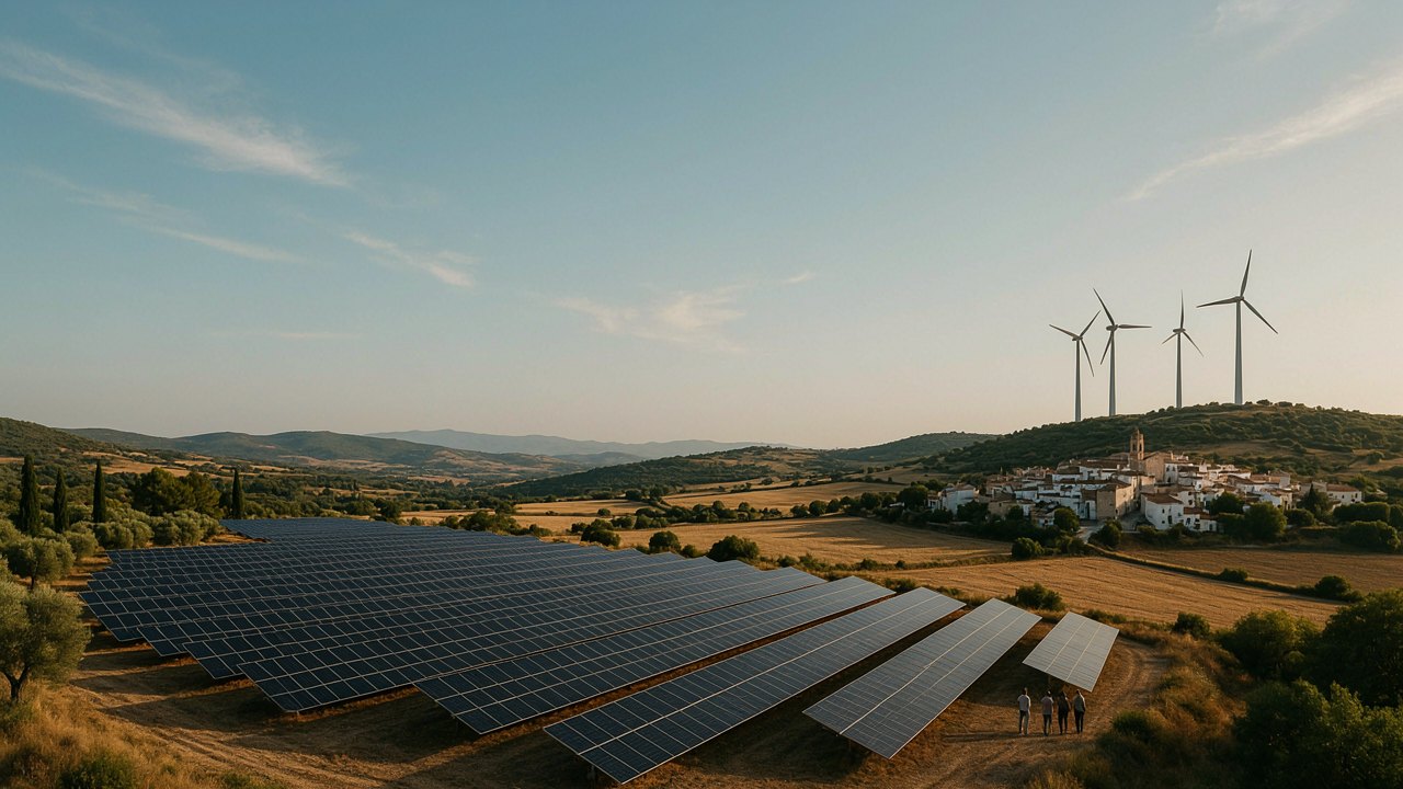 Placas solares y aerogeneradores en un municipio rural
