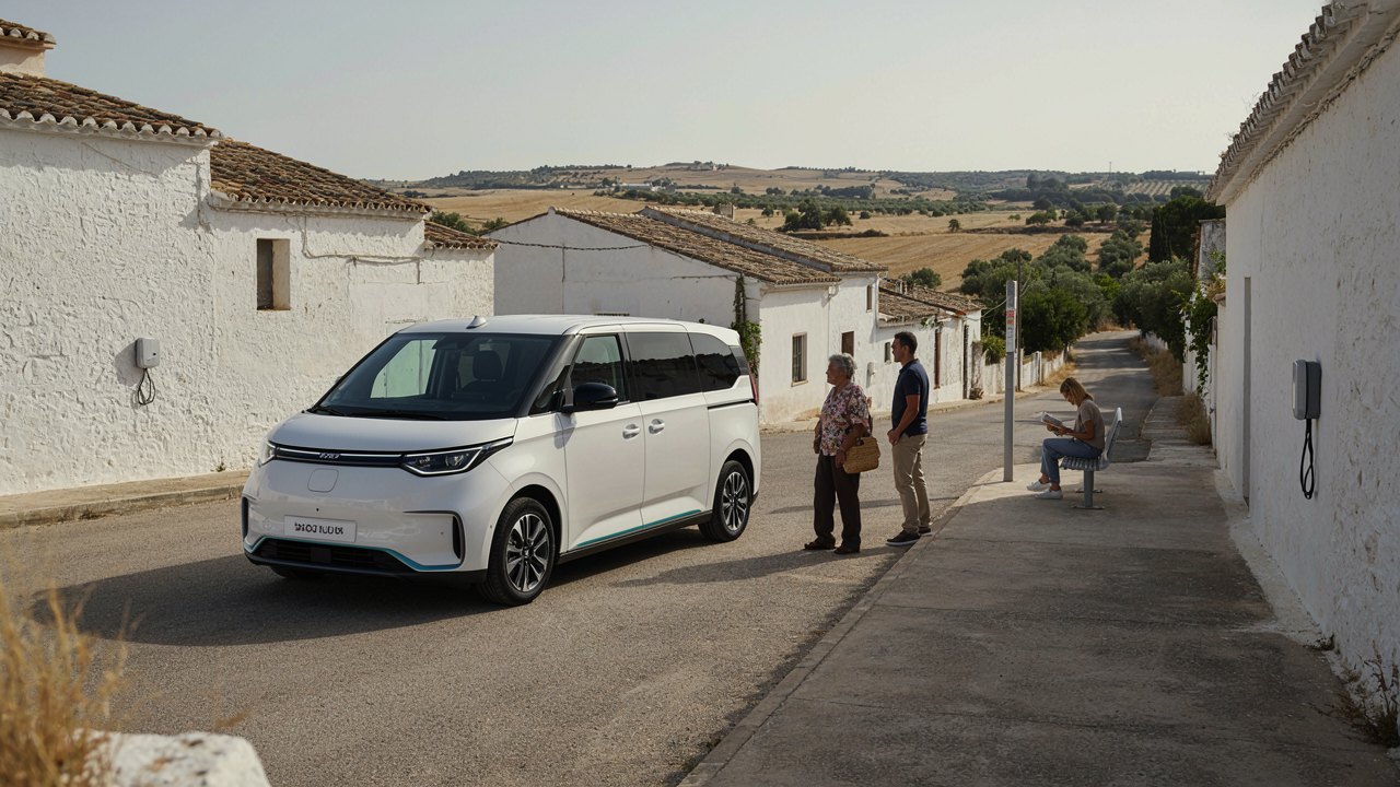 Furgoneta eléctrica en un pueblo