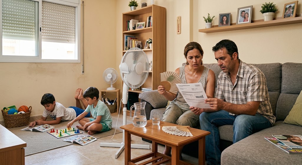 Familia pasando calor en casa con ventiladores